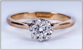 18ct Gold Diamond Ring Set With A Round Brilliant Cut Diamond, Illusion Set, Stamped 18ct And