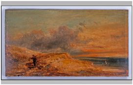 A Fine Quality 19th Century Small Oak Panel Depicting A Fisherman Walking Up Sandhills from the
