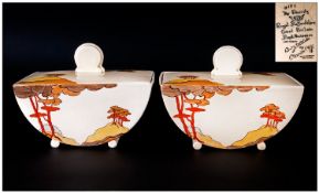 Clarice Cliff Art Deco Hand Painted Rare Pair Of Rectangular  Bizarritz Demi-Circular Tureen &