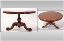 Victorian Mahogany Tilt Top Loo Table, Large circular top raised on a turned column and carved
