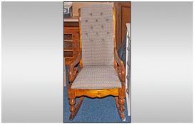 Wood Framed Rocking Chair with Polished Wood Frame. Upholstered Seat with Button Back Cushion.