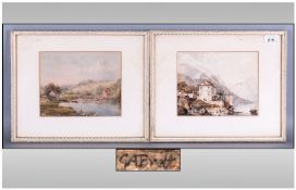 G.A.Brett Signed Pair Of Watercolours, 19th Century, 1. European Lake Scene With Figures, Boats &