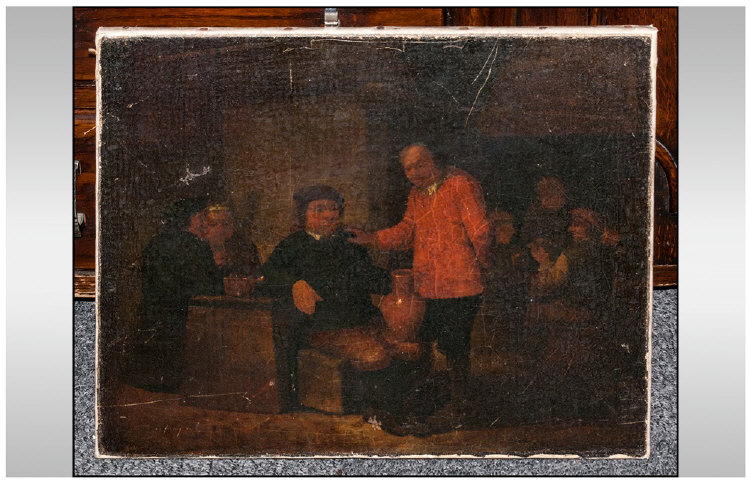 Oil On Canvas Probably Dutch, Early 18th Century Depicting Figures Drinking & Playing Cards, in a