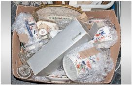 Box of Assorted Ceramics and Glassware including dressing table set, Burleigh Ware, Paragon coffee