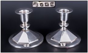 Art Deco Matching Pair Of Good Quality Silver Squat Candlesticks, with true classical art deco