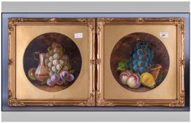Pair Of Victorian Oil Paintings On Board, still life, fruit & grapes. Mounted & framed behind glass.