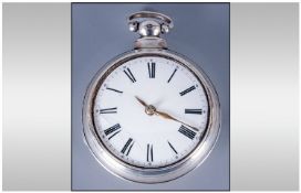 Early Victorian Silver Pair Cased Pocket Watch, Fusee Movement, white dial, black numerals. Hallmark