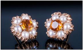 Ladies Vintage Pair Of 9ct Gold set Citrine & Pearl Cluster Earrings, Flower head design. Fully