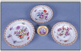 Meissen Miniature Pin Dish and Dresden Decorative Plates, the Meissen hand painted with a scene of a