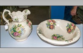 Ceramic Water Bowl and Jug Floral Decoration on White Ground Bowl Diameter 15" .