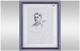 Pen and Ink Drawing of Wilfred Owen. Framed and mounted behind glass. Monogrammed in pencil 'KR'.