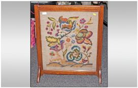Fire Screen with Oak Surround Centre Panel of Floral Design, Stands 30 inches in Height