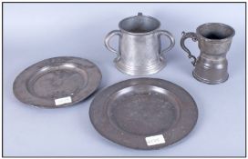 Collection of Pewter Ware comprising unusual shaped tankard, 6 inches in height 2 plates 10 and 9