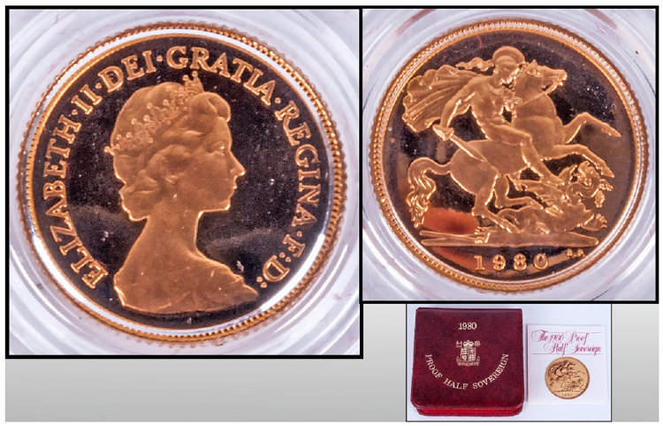 Royal Mint 22ct Gold Elizabeth II Proof Half Sovereign. Date 1980. With box & certificate.