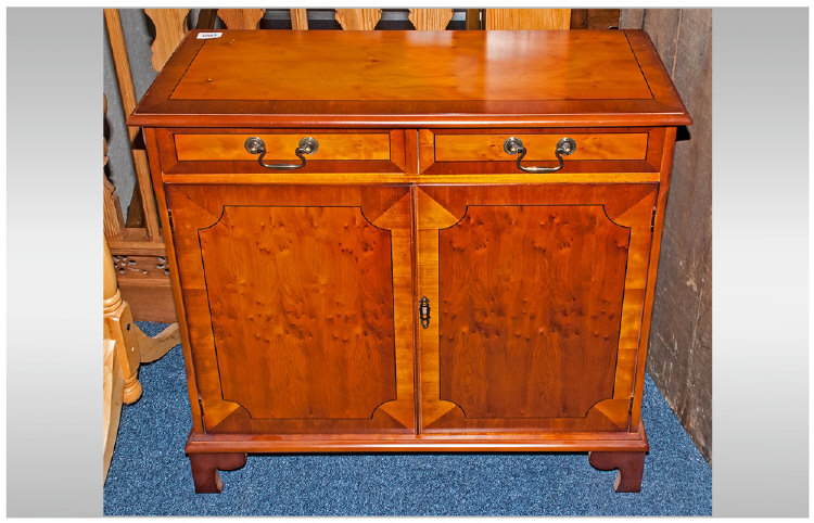 Reproduction Yew Wood Inlaid Side Cabinet, two drawers above two cupboards. On bracket feet of