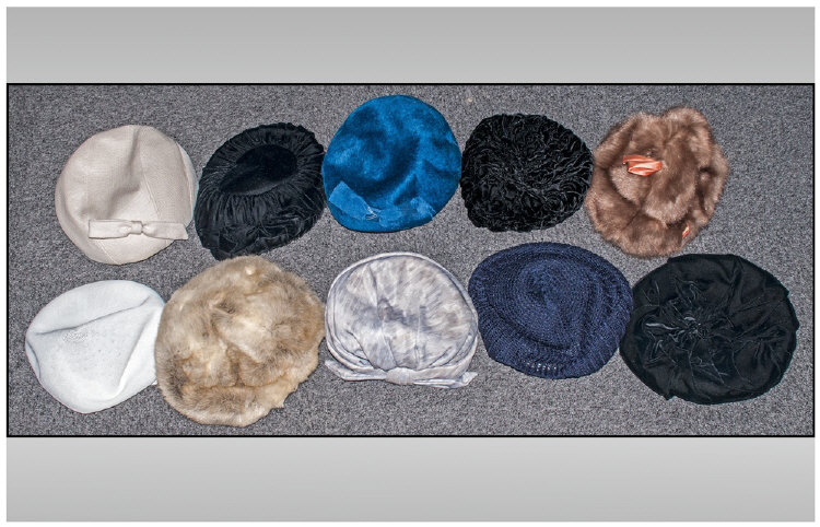 A collection of ten ladies hats, all a mixture of texture and colour to include some faux fur.