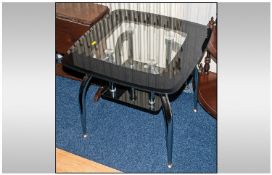 Contemporary Glass Side Table with black & chrome detail & lower storage shelf. 20" in height, 21"