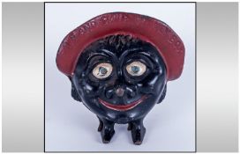 Vintage Cast Iron & Handpainted Save & Smile Money Box, Circa 1920's. 4.5" in height.