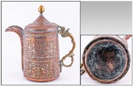 Middle Eastern Antique Copper Coffee Pot Of Traditional Shape the body profusely engraved with a