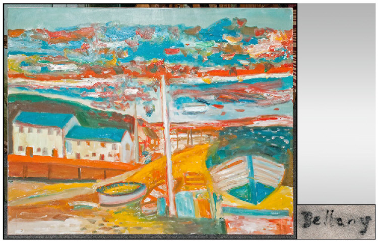 John Bellany 1942 - 2013 Title 'Coastal Village' Oil on Canvas Signed Unframed.  35 inches by 46