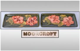 Moorcroft Pair Of Large Rectangle Pin Trays, 'Coral Hibiscus' design on green ground. Impressed