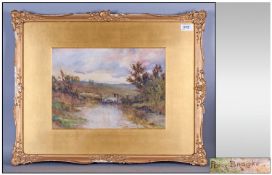 Percy Brook Framed Watercolour, Shepherd With His Flock Of Sheep in a country landscape. Mounted