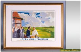 Open Championship Coloured Golfing Print. Framed and mounted behind glass. 24 by 31 inches.