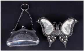 Small Silver Opera Purse, of shaped form. With chain & finger ring attachment. Fully Hallmarked