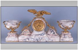 A Handsome French / Paris Early 20th Century - Gilt and Marble 8 Day Garniture Clock Set. The drum