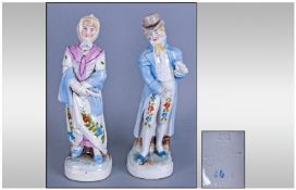 Conta and Boehme Pair of Regency Figures, the lady in flowered white dress with pink fichu, pale