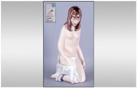 Royal Dux Nude Girl Figure With Cat, Designed by Cernoch. Pink triangle to base. 9" in height.