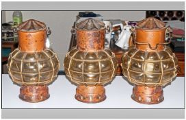 Set of Three Reproduction Copper Ships Lanterns with wall brackets. Converted for electric use.