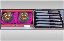 Cased Set Of Six Silver Hilted Fruit Knives, Sheffield 1930. Makers R.P. With a boxed pauir of