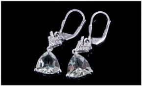 Green Amethyst and Diamond Drop Earrings, trillion cut green amethysts of 5.5cts, suspended below