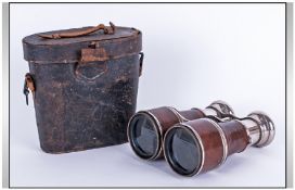 French Good Quality Pair Of Chrome & Leather Clad Horse Racing Binoculars. Circa 1930's