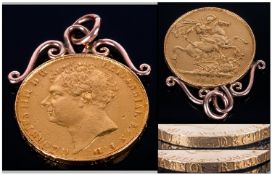 George IV 22ct Gold Two Pound/Double Sovereign Coin, dated 1823. London Mint. With 9ct gold mount