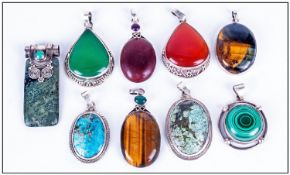 Collection Of 9 Silver Mounted Pendants, All Of Large Size, Various Shaped Hard Stones To include,