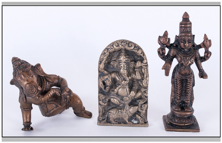 Three Brass Indian Figures Comprising Ganesh, Vishnu & one other.