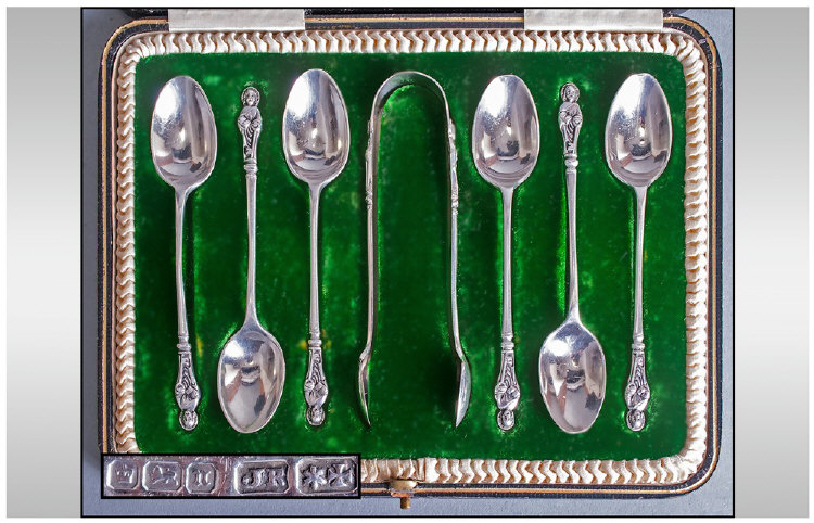 Edwardian Fine Set Of Six Silver Apostle Spoons And Matching Sugar Tongs. Hallmark Sheffield 1905.