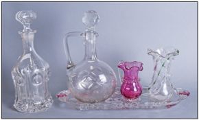 Five Various Items of Glass comprising Art Nouveau style vase with green drip pattern, flagon