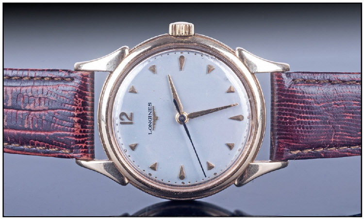 Longines Gents 9ct Gold Cased Wristwatch, circa 1960`s. Manual wind, silver dial, gold markers,