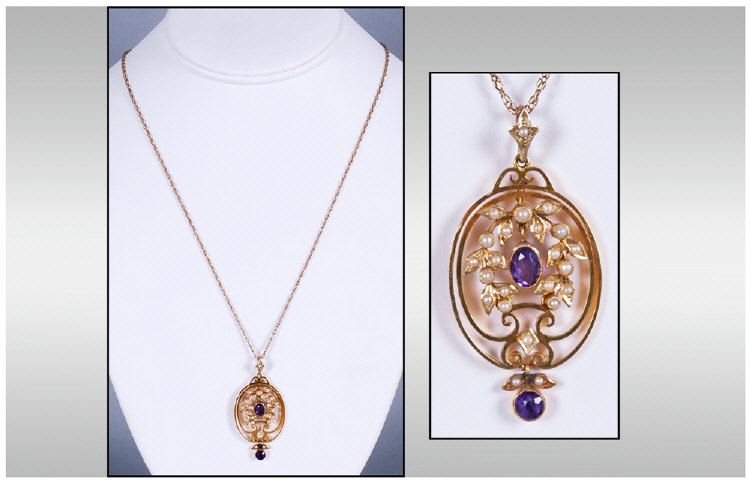 Victorian Fine 15ct Gold Amethyst And Seed Pearl Pendant Drop, marked 15ct, fitted to a 9ct gold