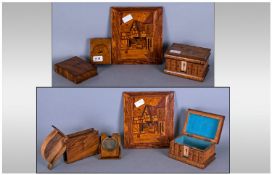 Three Olive Wood Jerusalem Boxes, One Is a Watch Holder, One is a Book Shaped Box and Casket In the