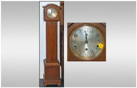 1930s Oak Grandmother Clock with round steel dial and a candy twist side support to the hood. 50