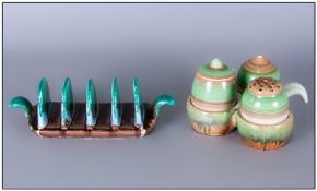 Shelley 1930`s 4 Piece Cruet Set & Toastrack, `Harmony` Pattern. Toast rack 7`` in diameter.