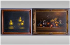 Large Oil on Canvas Still Life depicting fruit and accessories, in gilt frame. Together with a