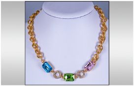 Butler & Wilson Style Crystal and Chain Necklace, the chain comprising textured, gilt circles and