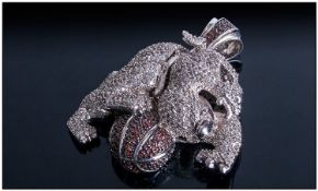 Large Heavy Silver Pendant In The Form Of A Chinese Foo Dog With Ball. Pave Set Throughout With