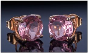 Pair of Morganite Colour Quartz Stud Earrings, rock crystal quartz showing the peach colouring of