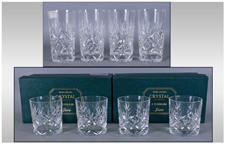 Marks & Spencer Loire Crystal Drinking Glasses. 24% crystal. Comprising four tall tumblers and four